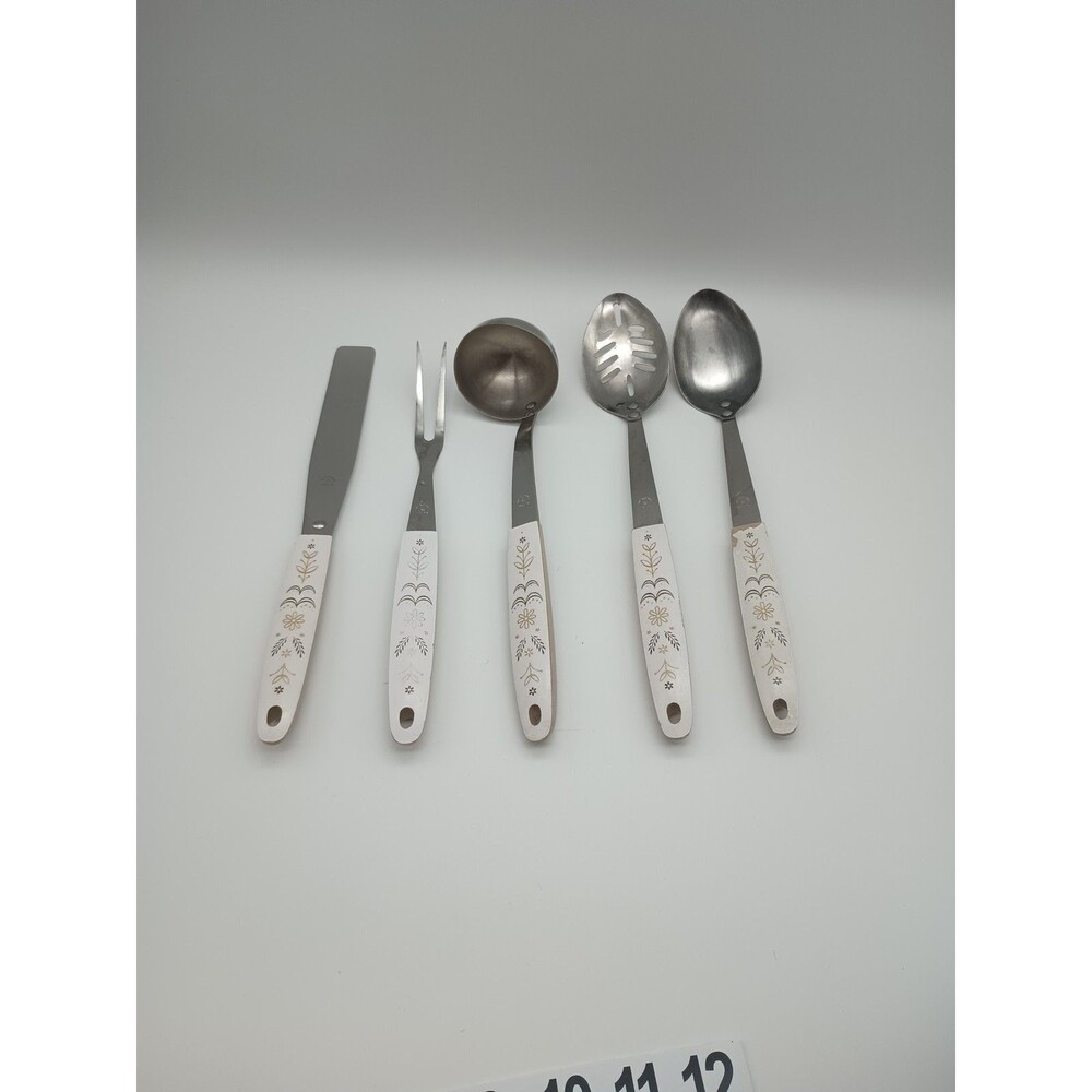Vtg Flint Ekco Harvest Wheat Stainless 5 Piece Serving Set Slotted Spoon Ladle